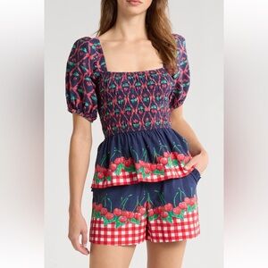 Damson Madder Allegra Cherry Pie Smocked Organic Cotton Peplum Top